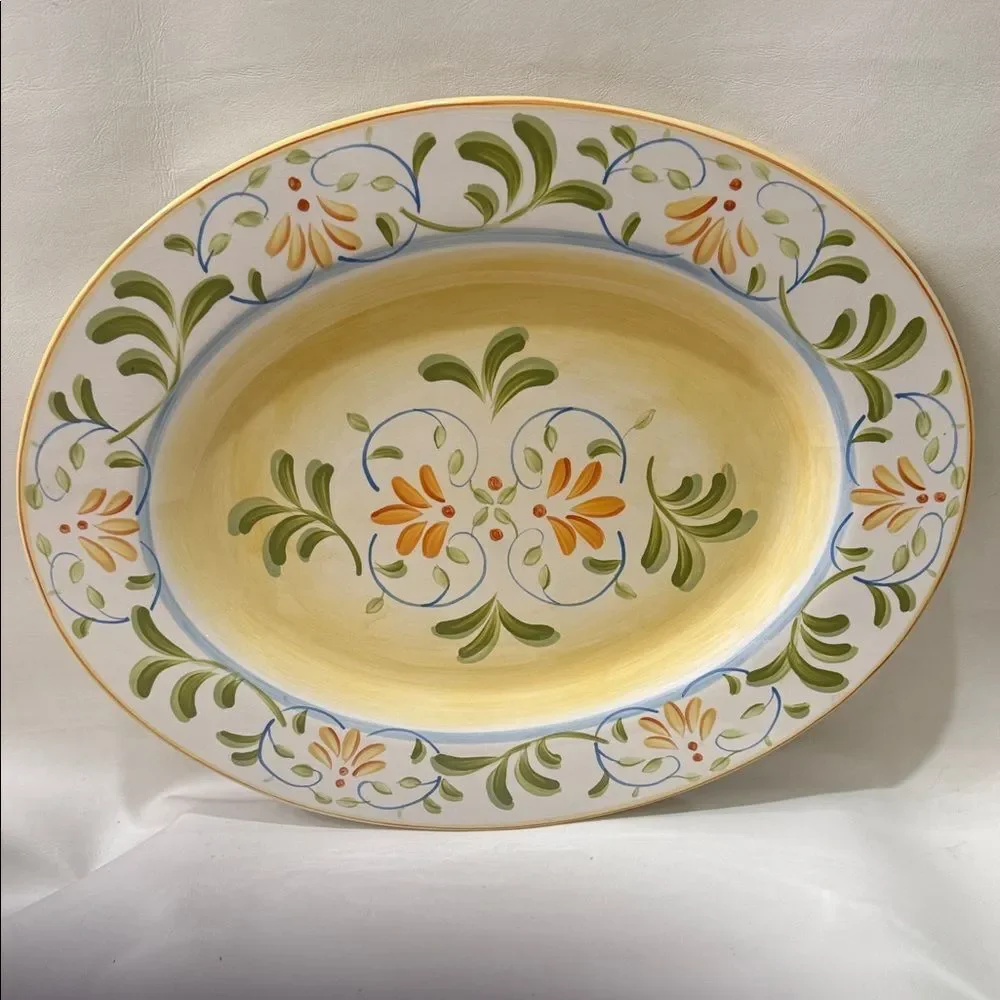 The Cellar Macy’s Handpaint Artisan Floral Oval Platter Green Orange 18 3/4 X 15